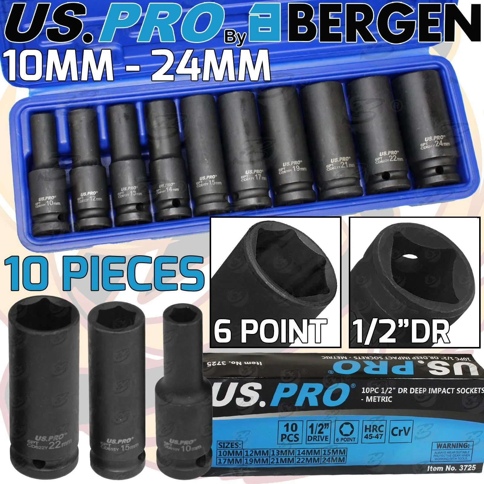 US Pro 10 Piece 1/2″ Drive 6 Point Deep Impact Sockets 10mm – 24mm  3725