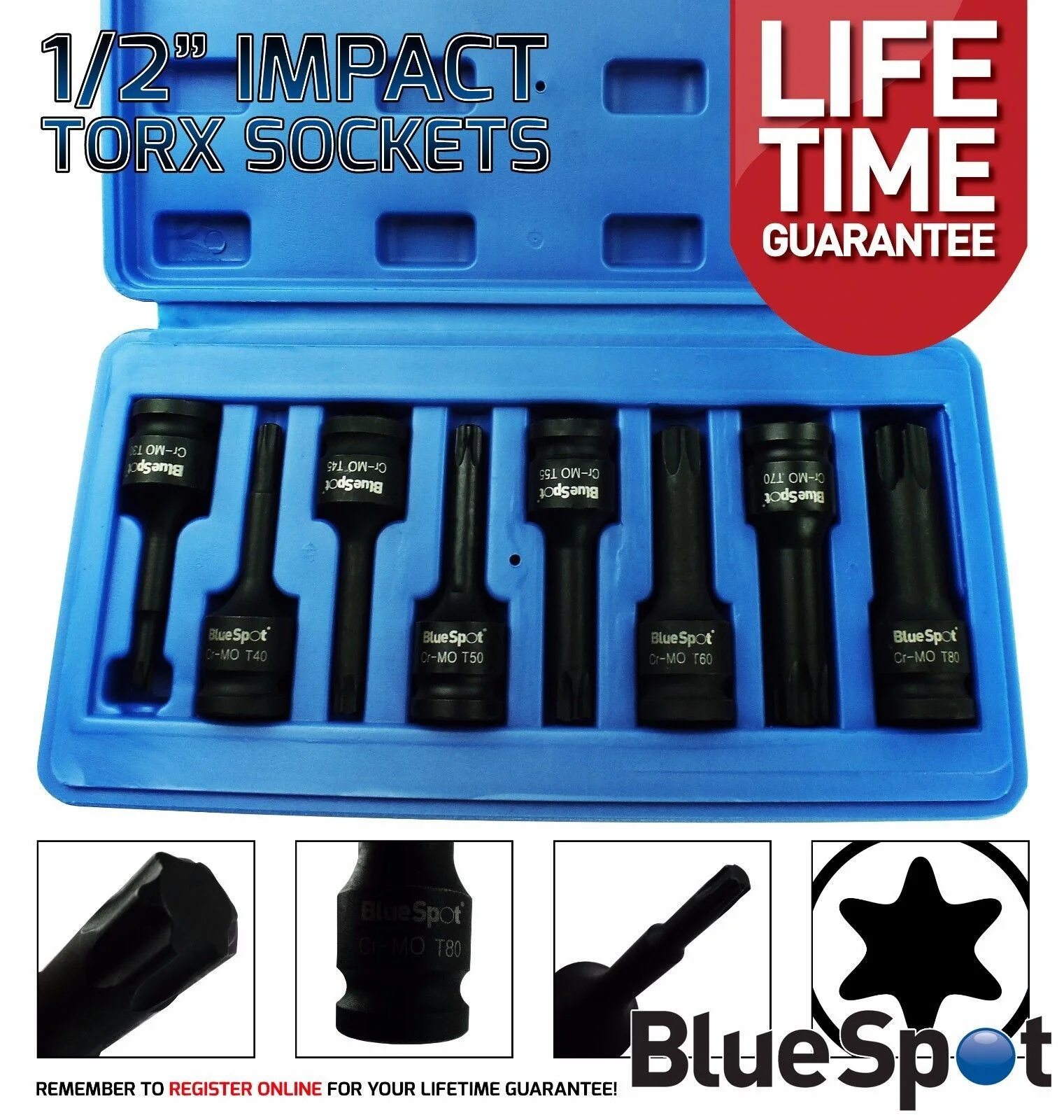 BLUESPOT 8PCS 1/2″ DRIVE IMPACT TORX BIT SOCKETS T30 – T0