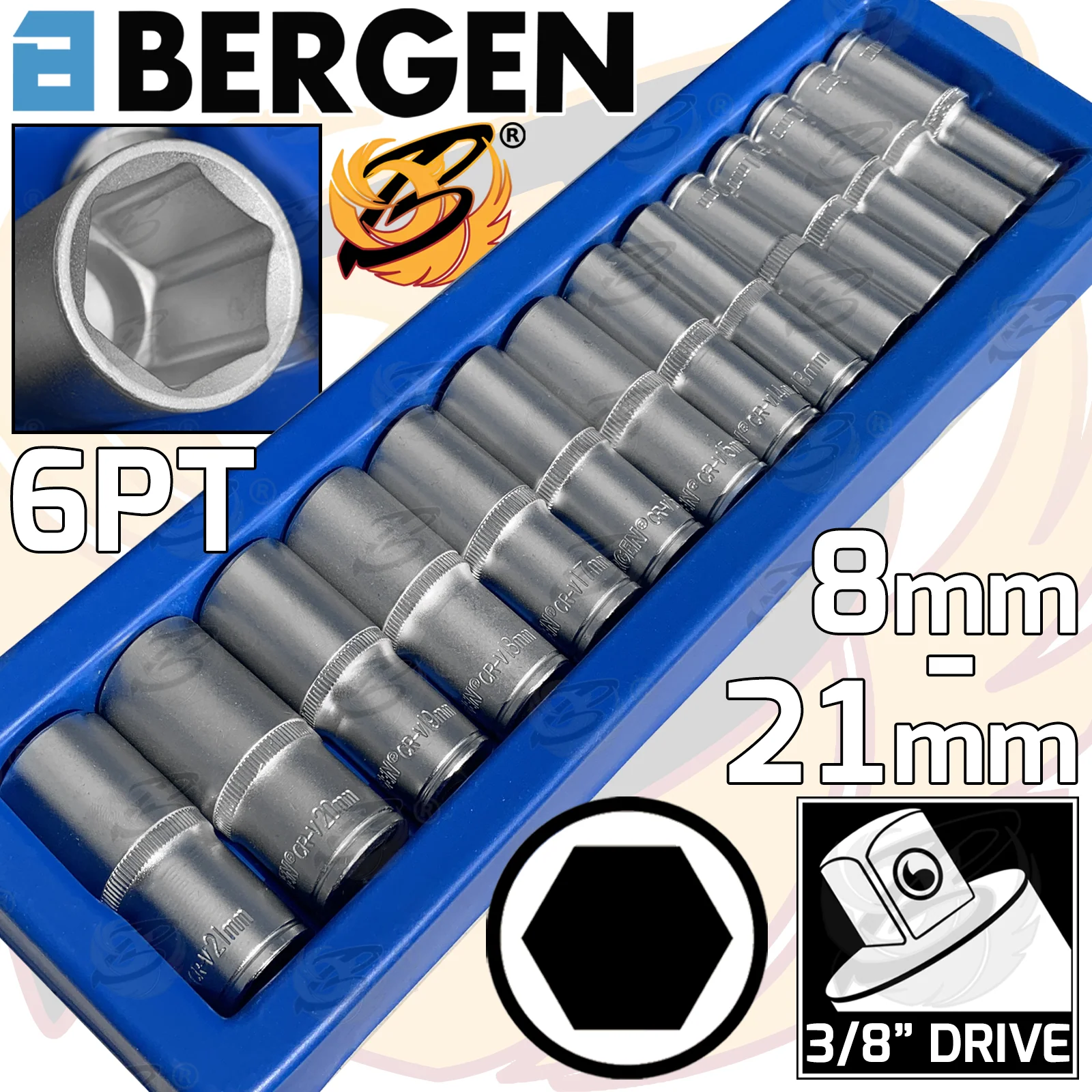Bergen 14 Piece 3/8″ Drive 6 Point Deep Sockets 8mm – 21mm ( Satin Finish )  1210