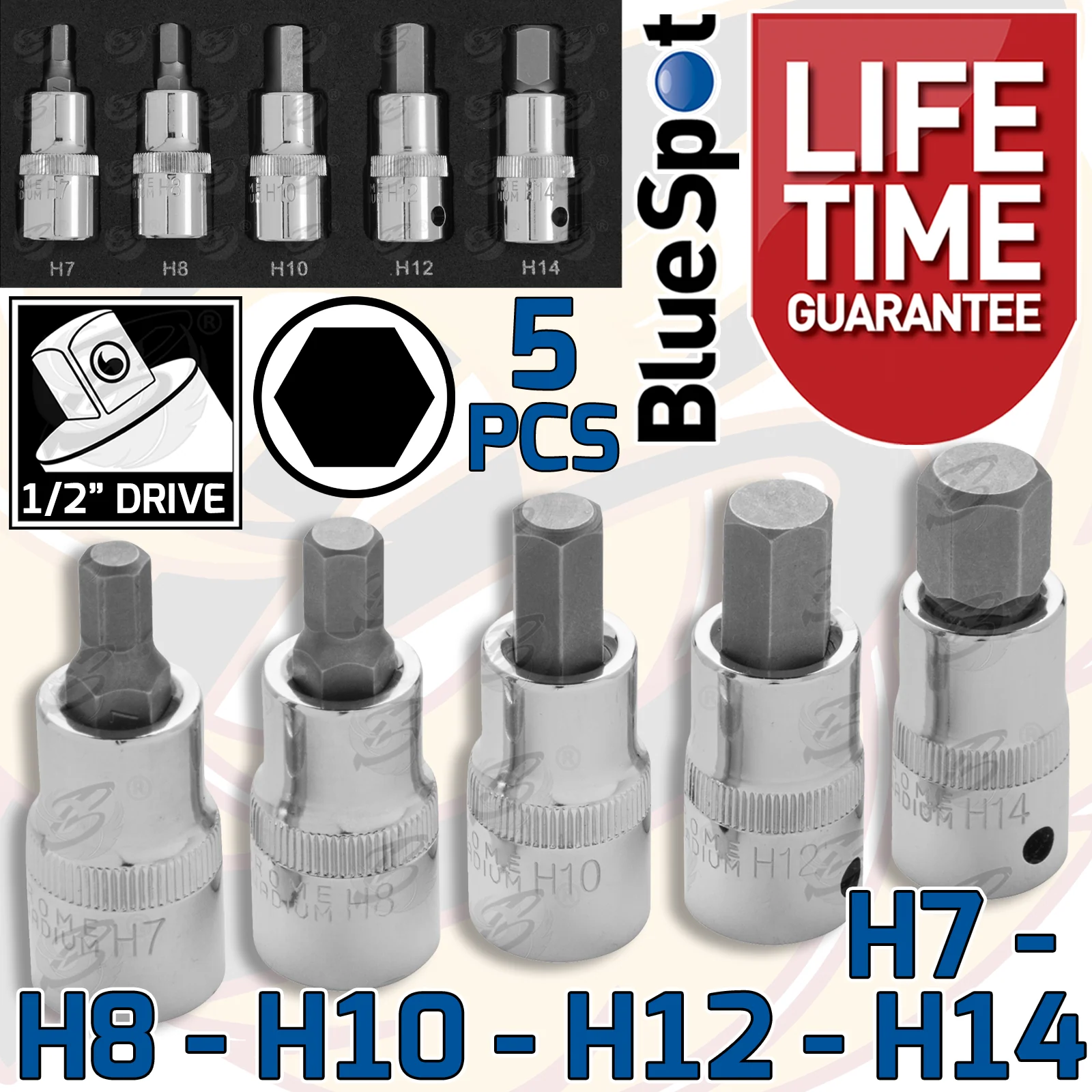 BlueSpot 5 Piece 1/2″ Drive Hex Bit Sockets ( H7 – H14 ) ( 01507 )