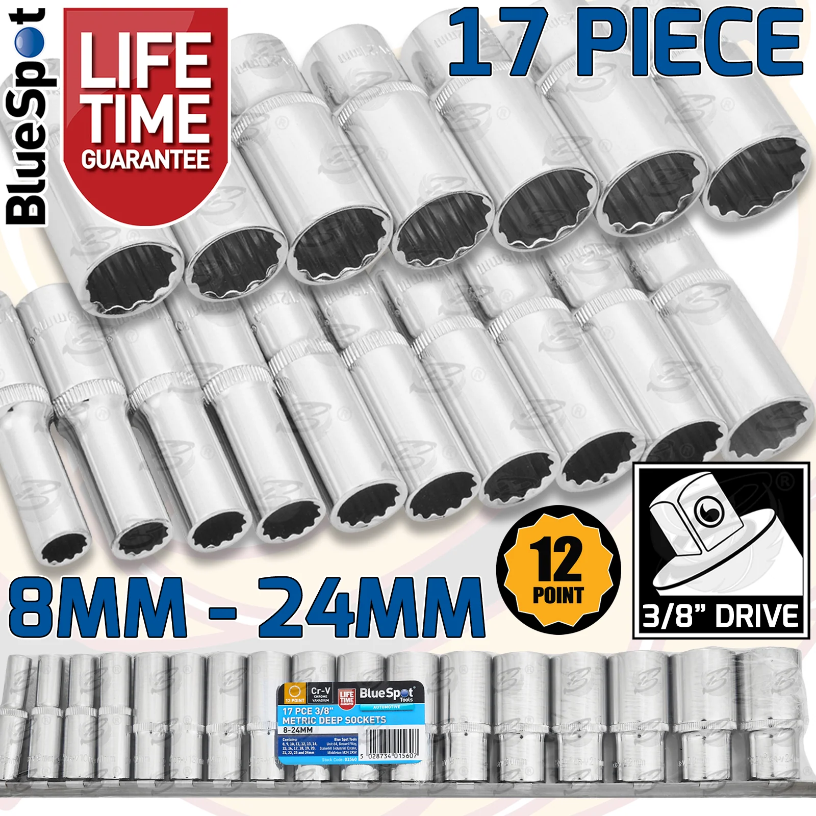 BlueSpot 17 Piece 3/8″ Drive 12 Point Deep Sockets 8mm – 24mm ( 01560 )