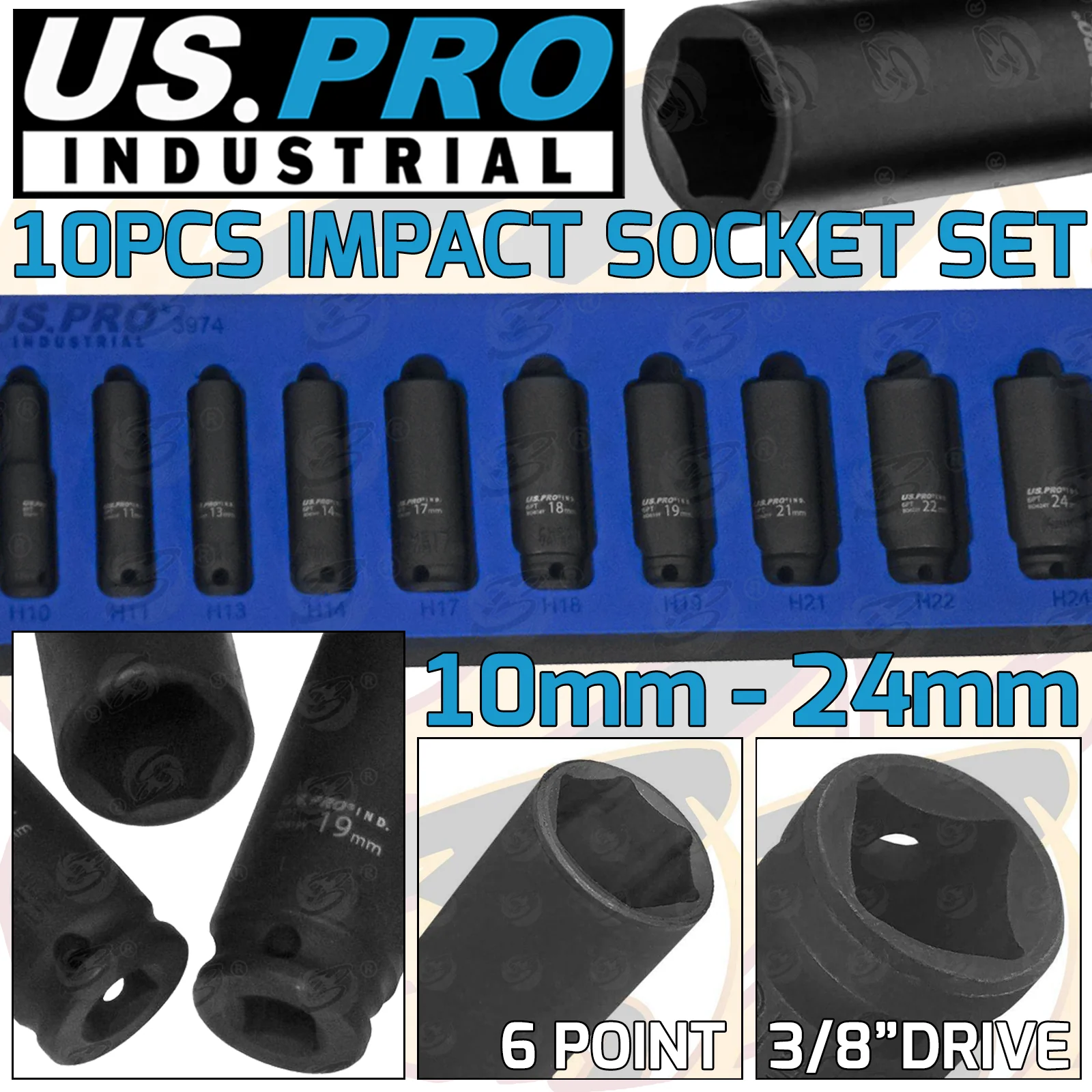 US Pro Industrial 10 Piece 3/8″ Drive 6 Point Deep Impact Sockets 10mm – 24mm  3974