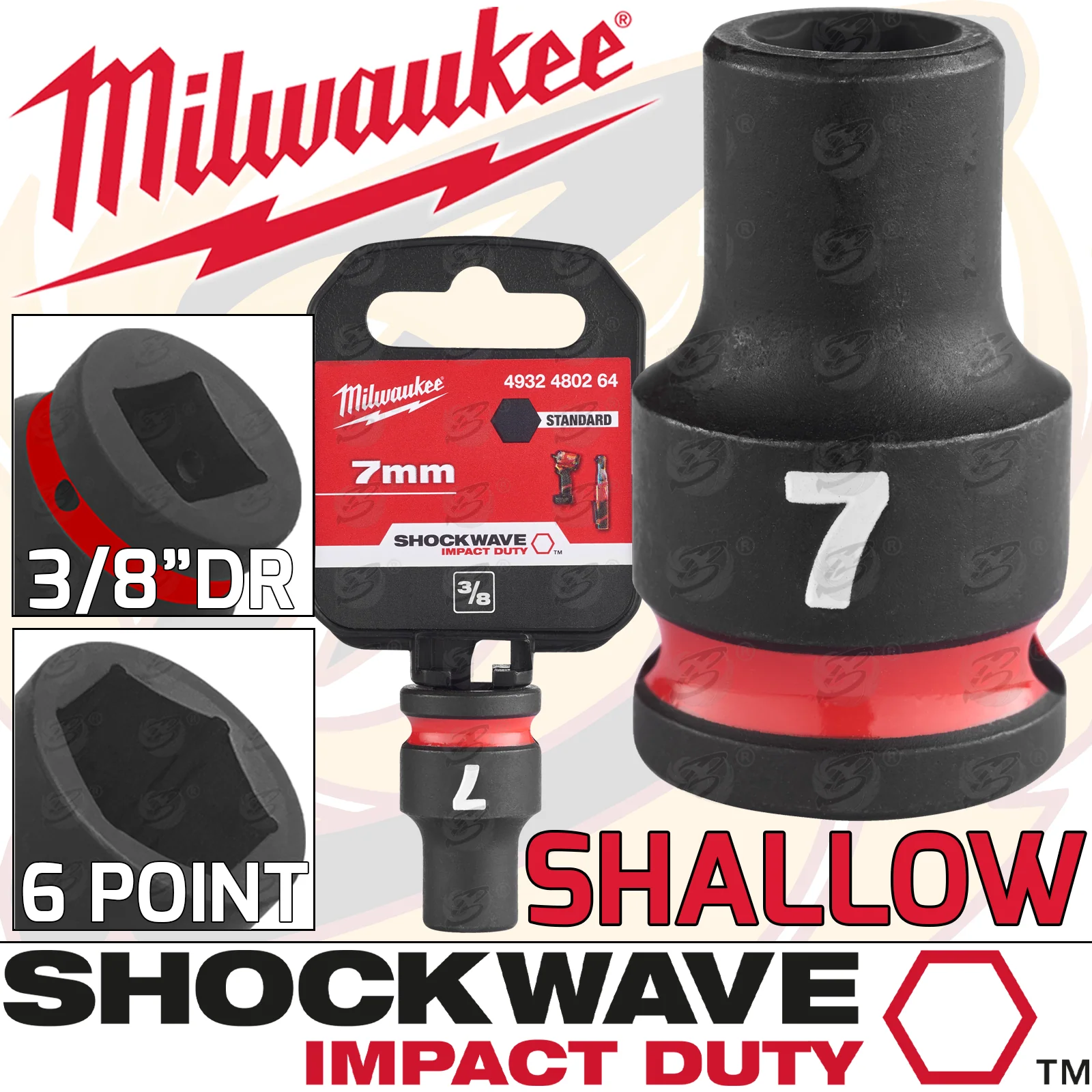 Milwaukee 7mm 3/8″ Drive 6 Point Shallow Impact Socket ( Single ) ( 4932480264 )