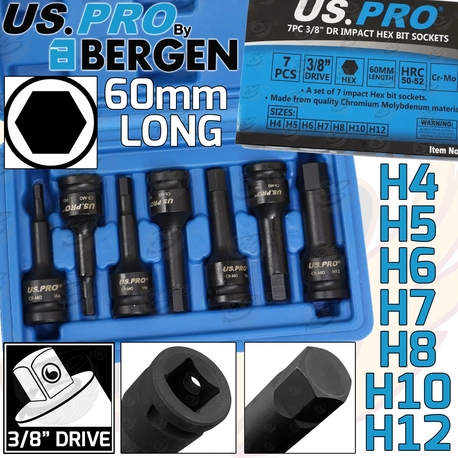 US Pro 7 Piece 3/8″ Drive Impact Hex Bit Sockets H4 – H12  3989