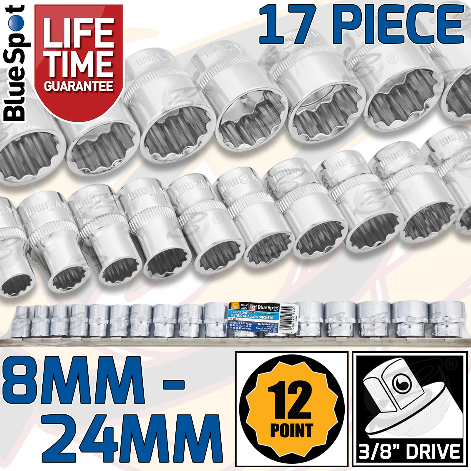 BlueSpot 17 Piece 3/8″ Drive 12 Point Shallow Sockets 8mm – 24mm ( 01564 )