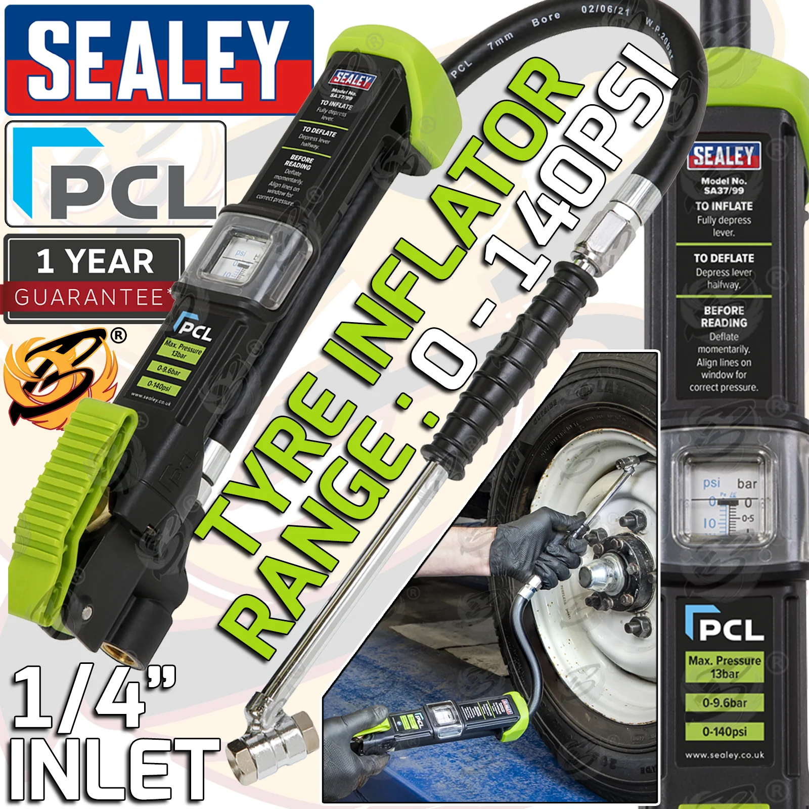Sealey Piecel Airlite Eco Tyre Inflator With Twin Hold-On Connectors 0 – 140Psi ( SA37/99 )