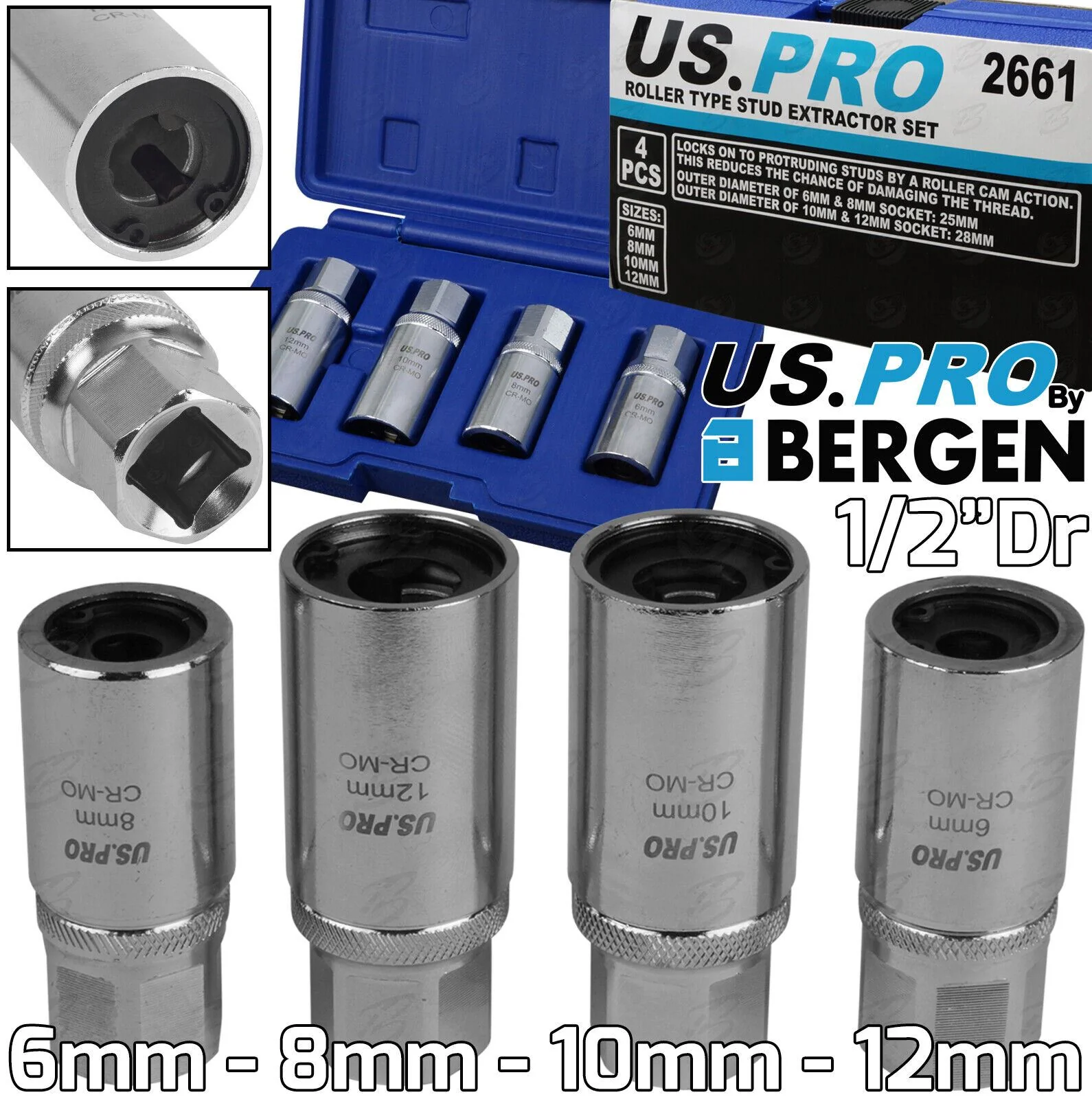 US Pro 4 Piece 1/2″ Drive Roller Type Stud Extractors 6mm – 12mm  2661