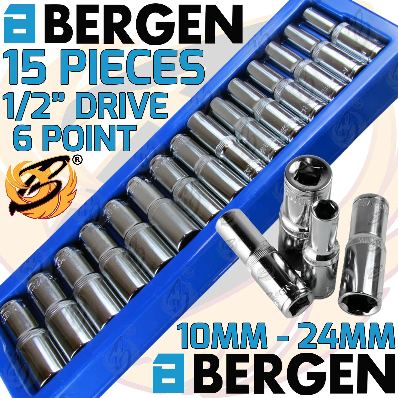 Bergen 15 Piece 1/2″ Drive 6 Point Deep Sockets 10mm – 24mm  1159