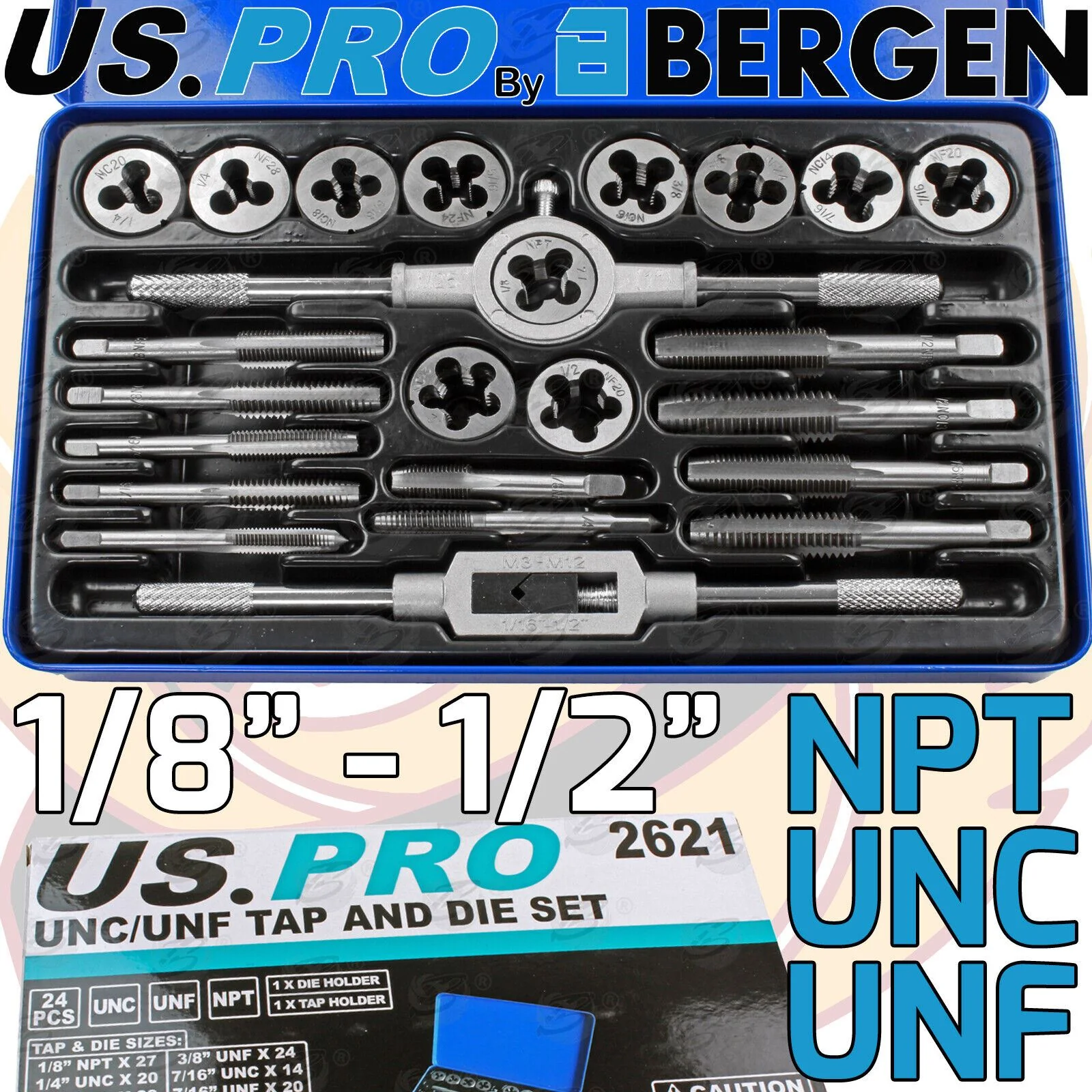 US Pro 24 Piece Unc / Unf Tap & Die Set 1/8″ – 1/2″  2621