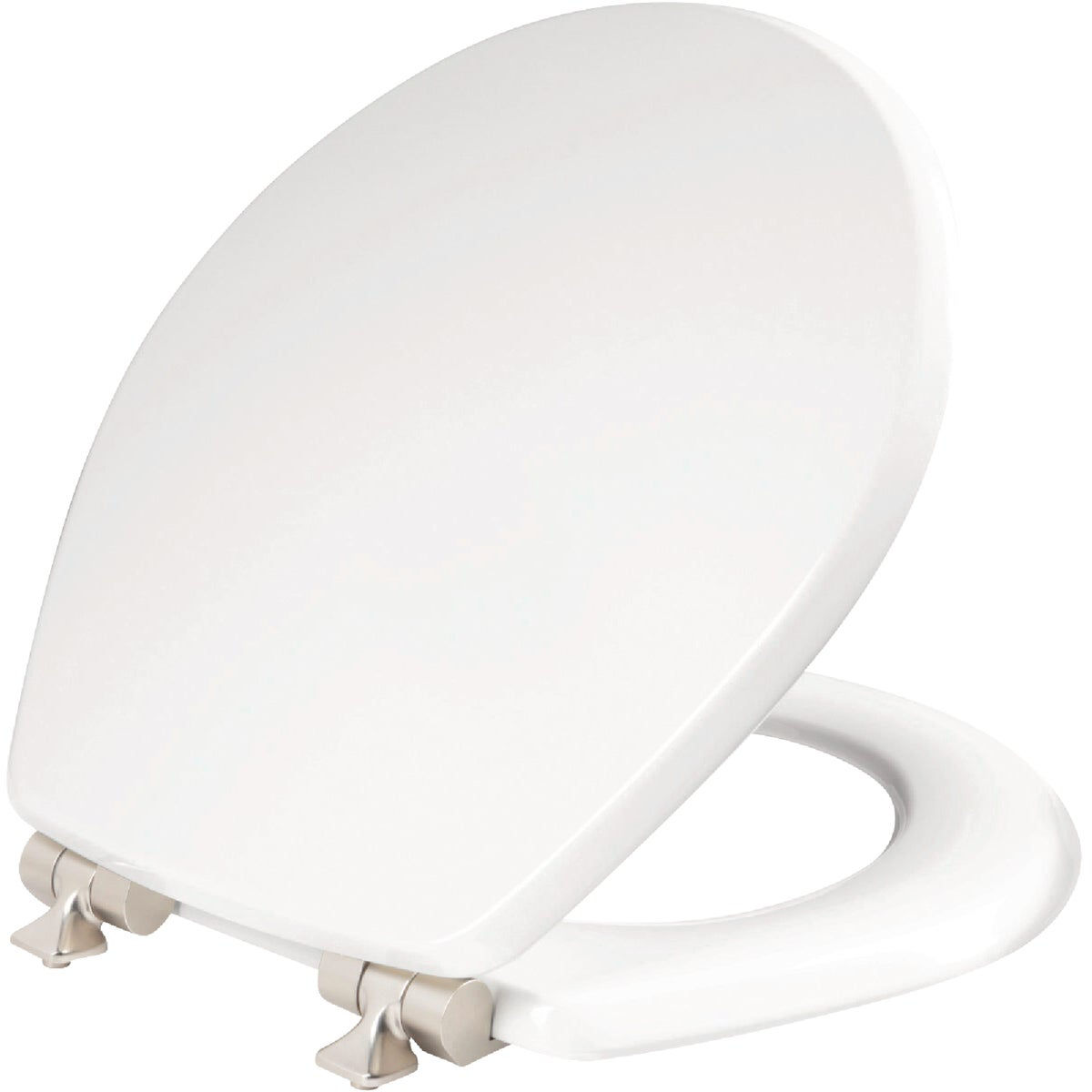 Bemis Mayfair Benton Round White Enameled Wood Toilet Seat with Slow Close Brushed Nickel Metal Hinge
