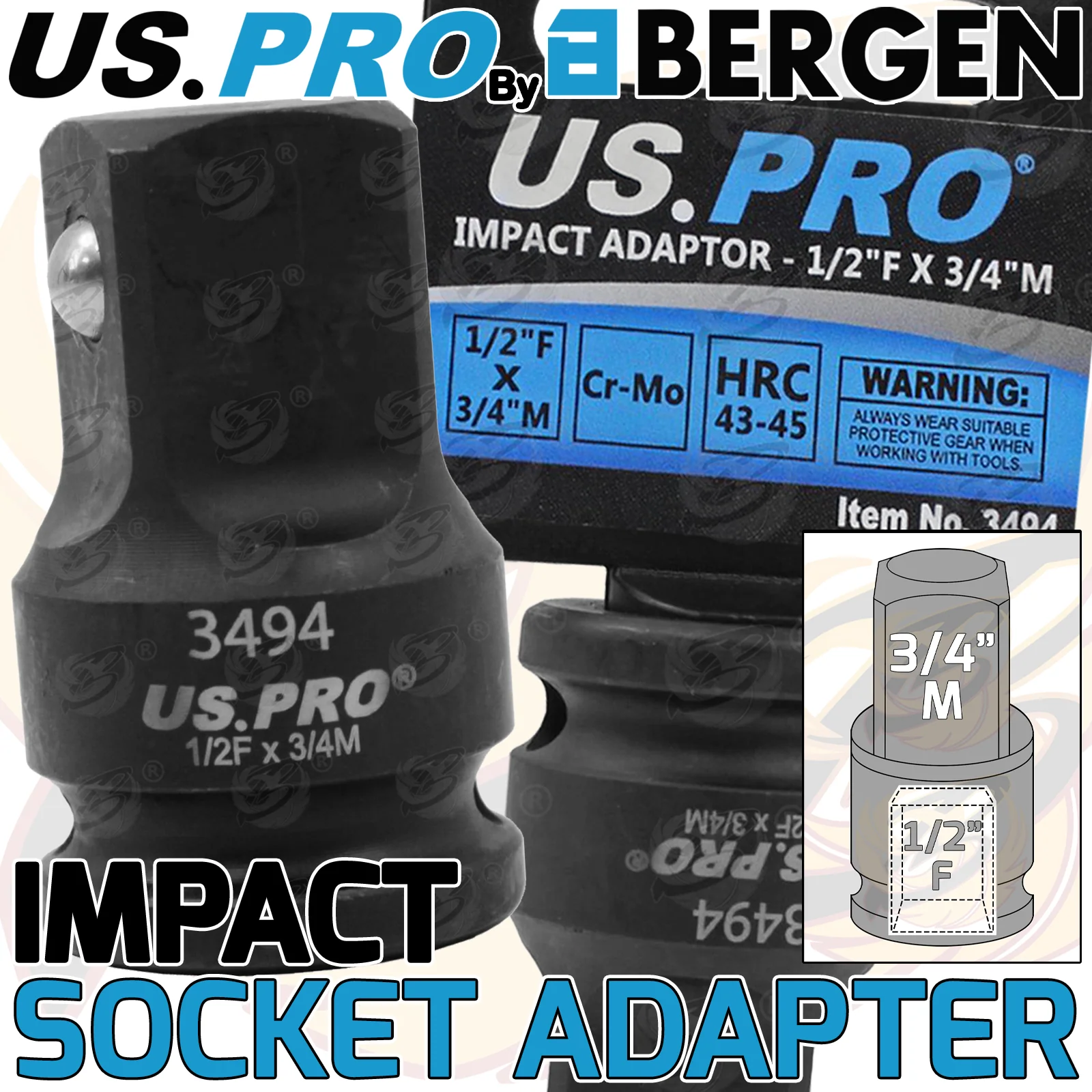 US Pro Impact Socket Adaptors 1/2″ Drive Up To 3/4″ Drive  3494
