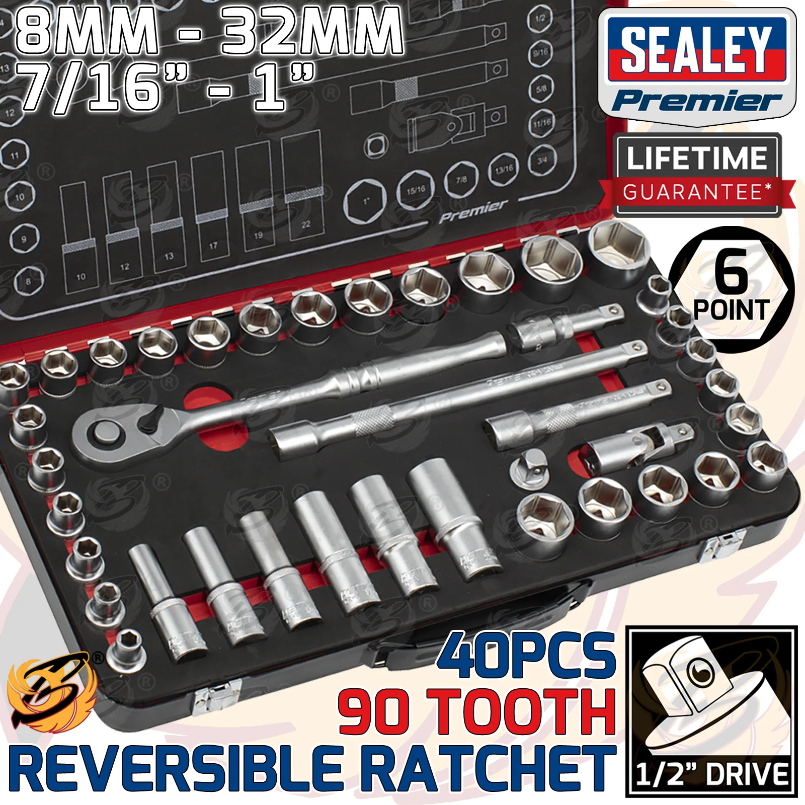 Sealey 40 Piece 1/2″ Drive 6 Point 90 Tooth Premier Platinum Socket Set ( 8mm – 32mm & 7/16″ – 1″ ) ( AK7925 )