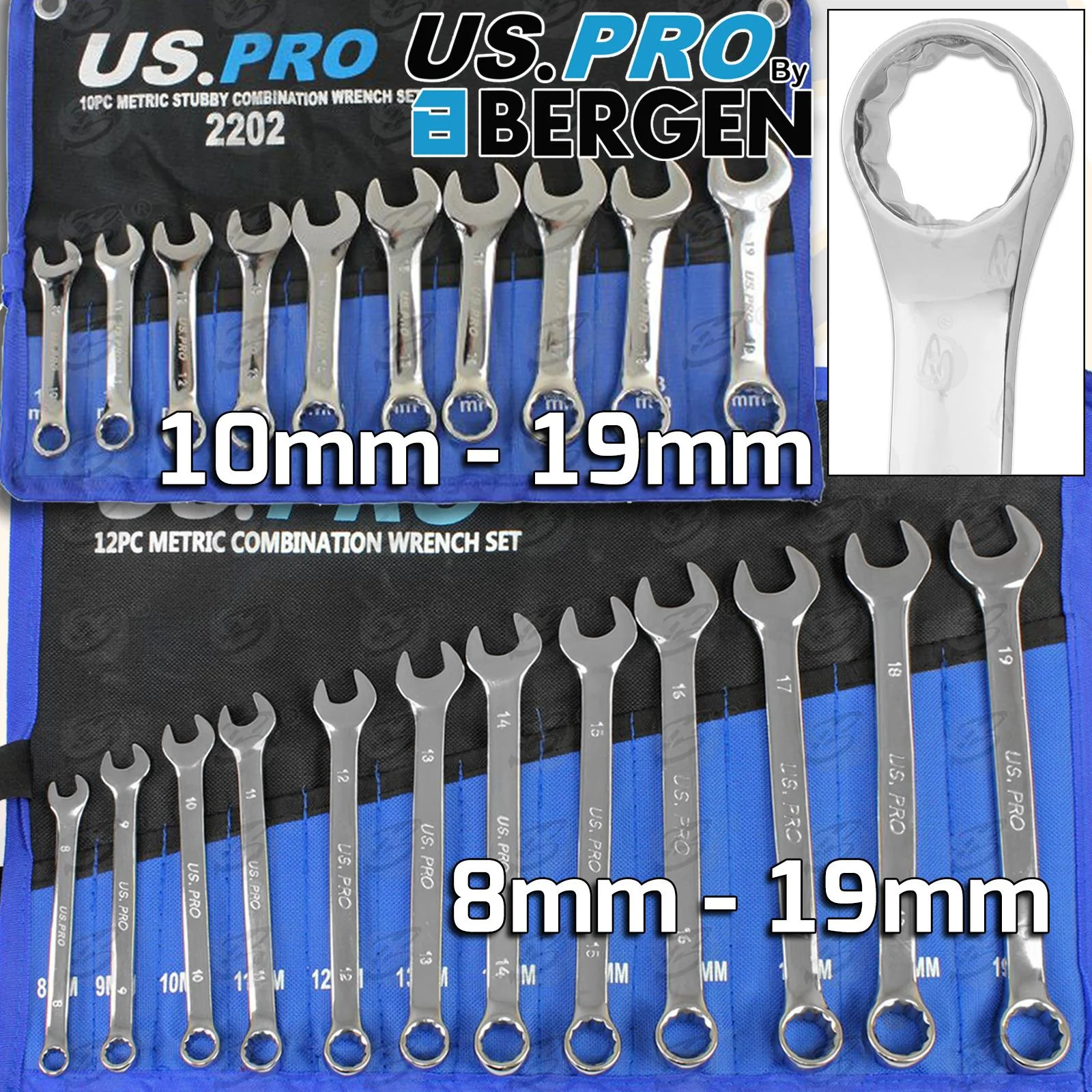 US Pro 22 Piece Spanners & Stubby Combination Spanner Set 8mm – 19mm  2202 & 3234