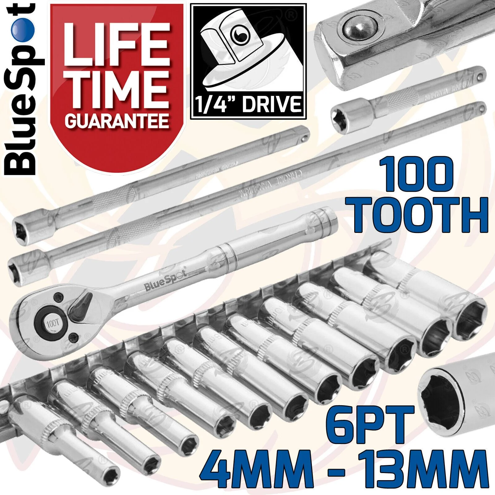 BLUESPOT 15PCS 1/4″ DRIVE 6 POINT DEEP SOCKET SET 4MM – 13MM