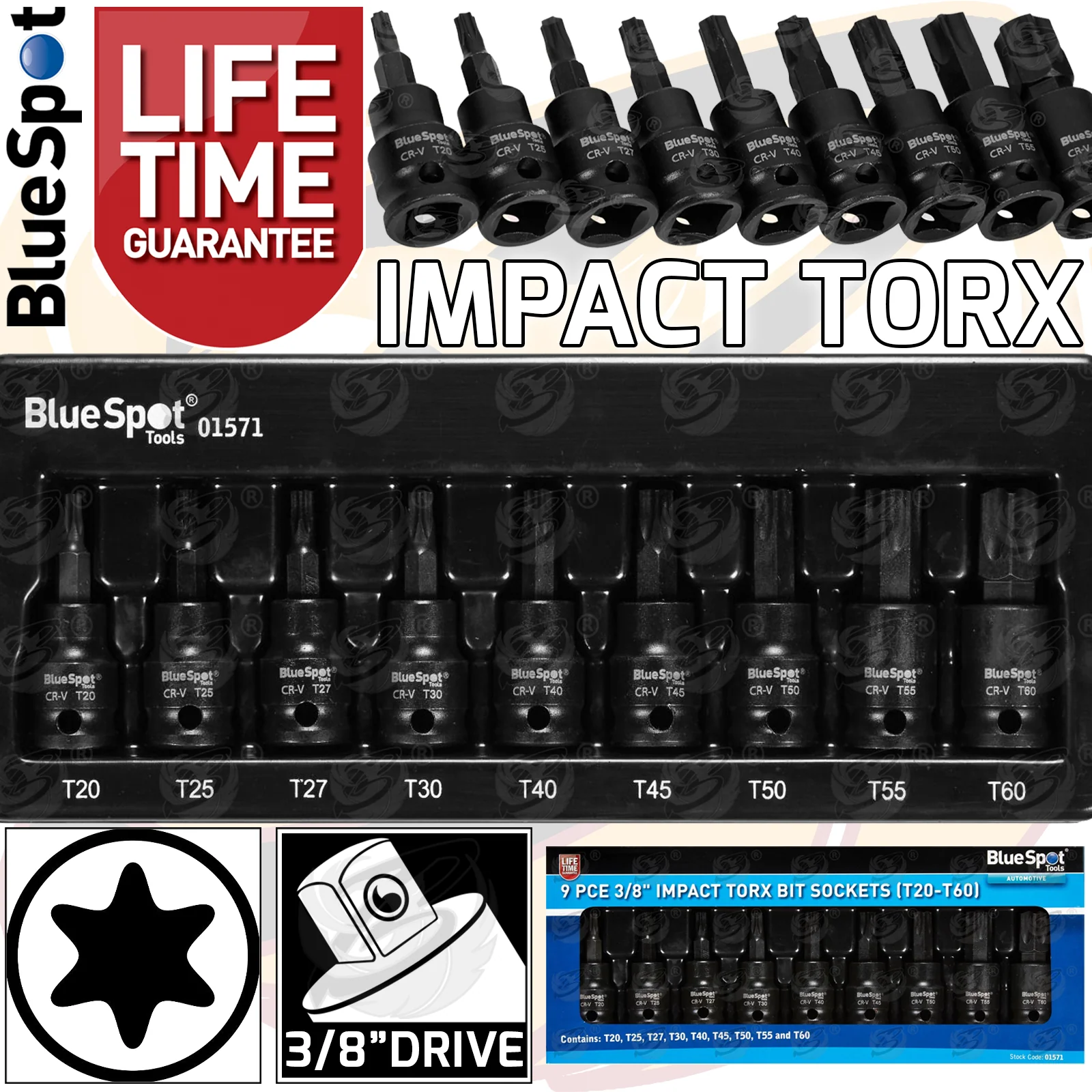 BlueSpot 9 Piece 3/8″ Drive Impact Torx Bit Sockets T20 – T60 ( 01571 )