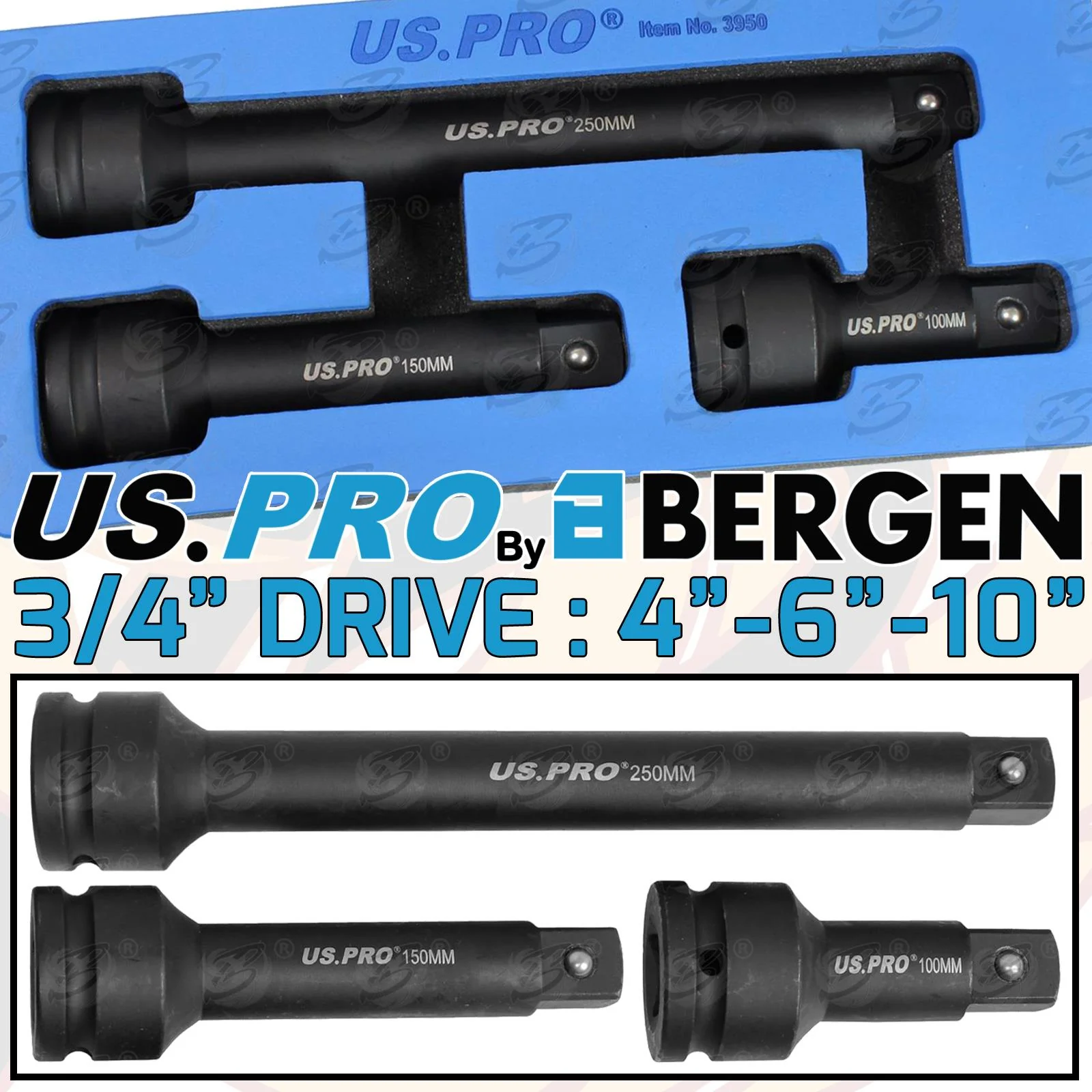 US Pro 3 Piece 3/4″ Drive Impact Extension Bars 4″ – 6″ – 10″  3950