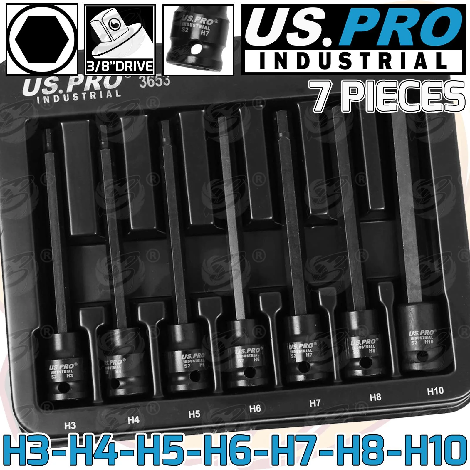 US Pro Industrial 7 Piece 3/8″ Drive Extra Long Impact Hex Bit Sockets H3 – H10  3653