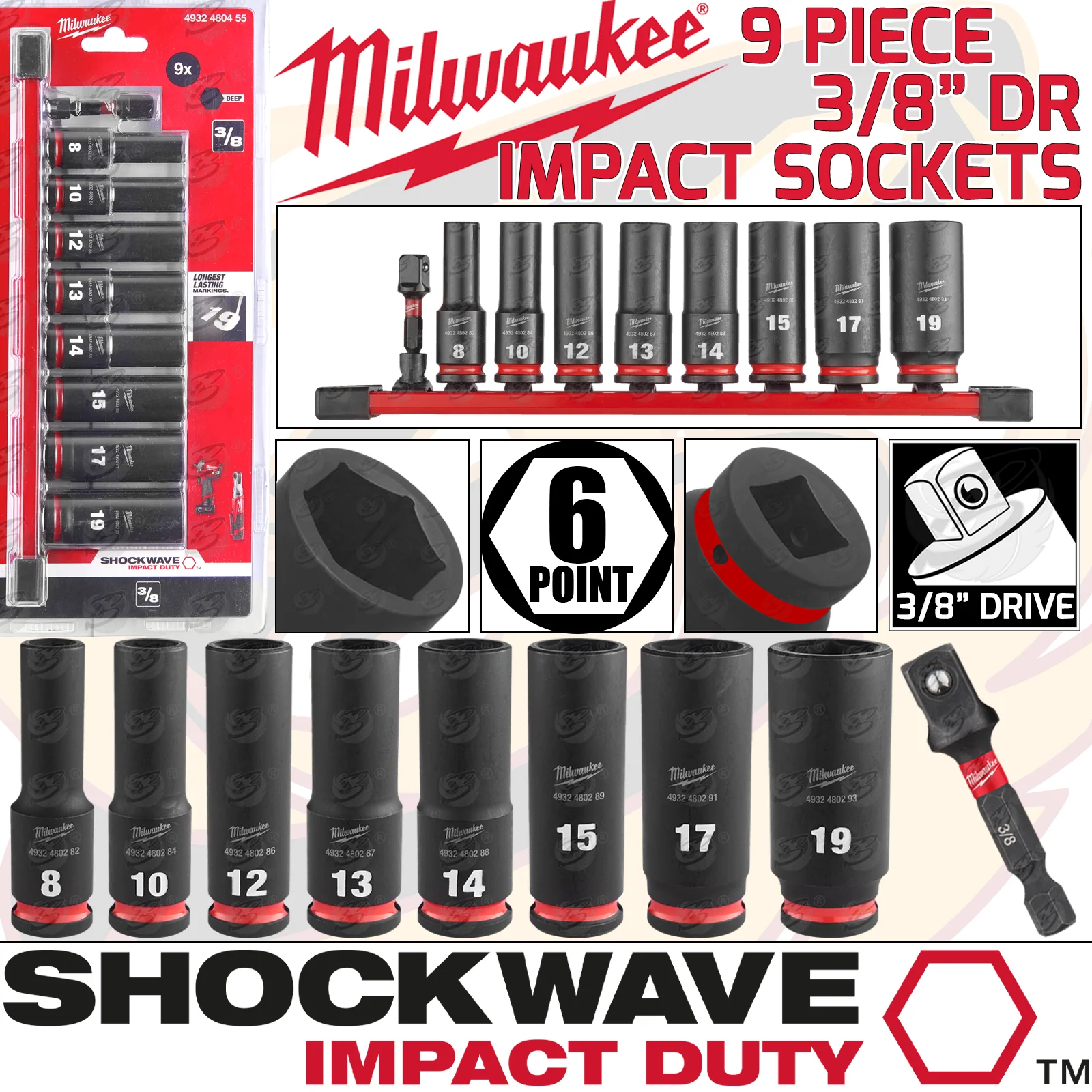 Milwaukee 9Cs 3/8″ Drive 6 Point Deep Impact Sockets 8mm – 19mm ( Shockwave Impact Duty ) ( 4932480455 )