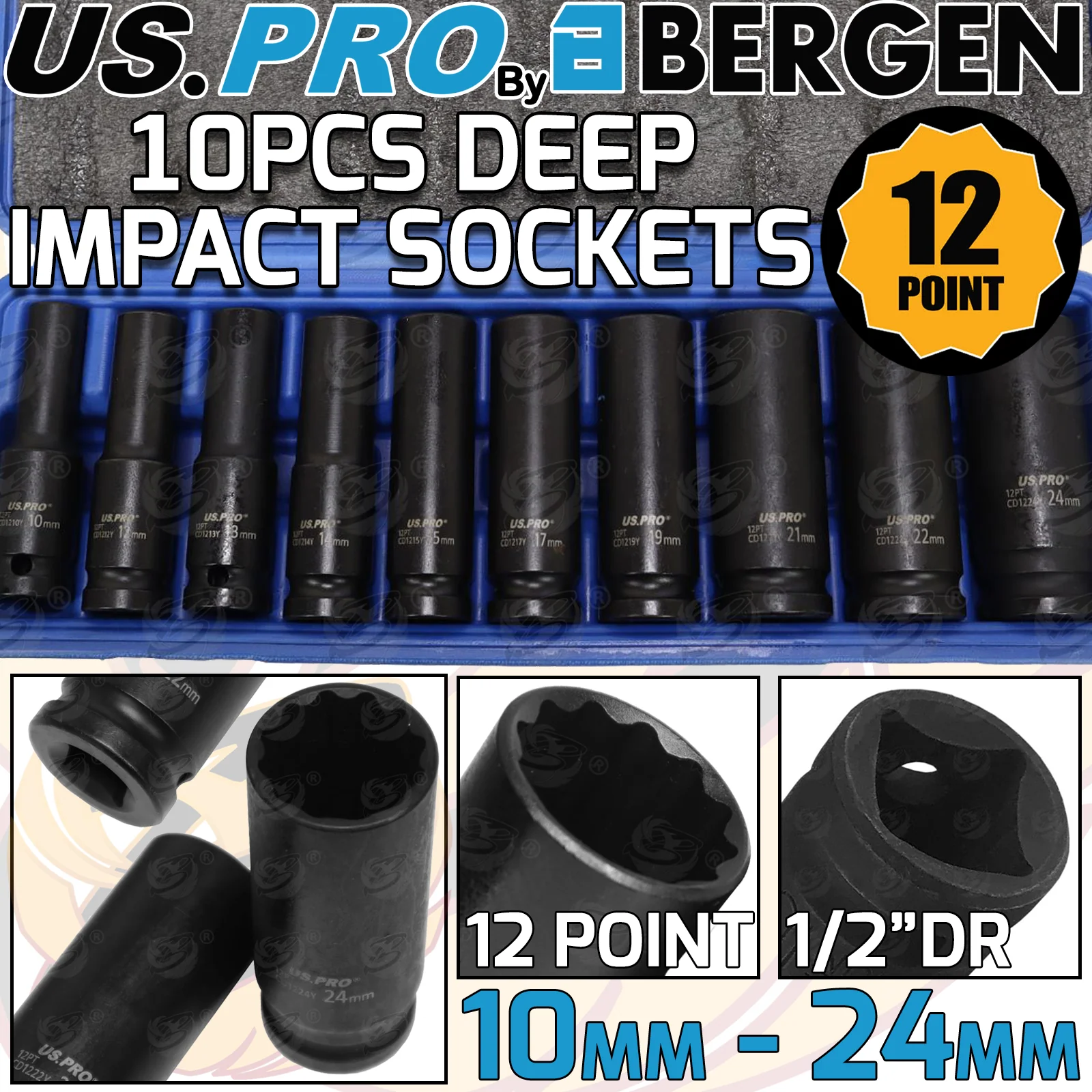 US Pro 10 Piece 1/2″ Drive 12 Point Deep Impact Sockets 10mm – 24mm  7540