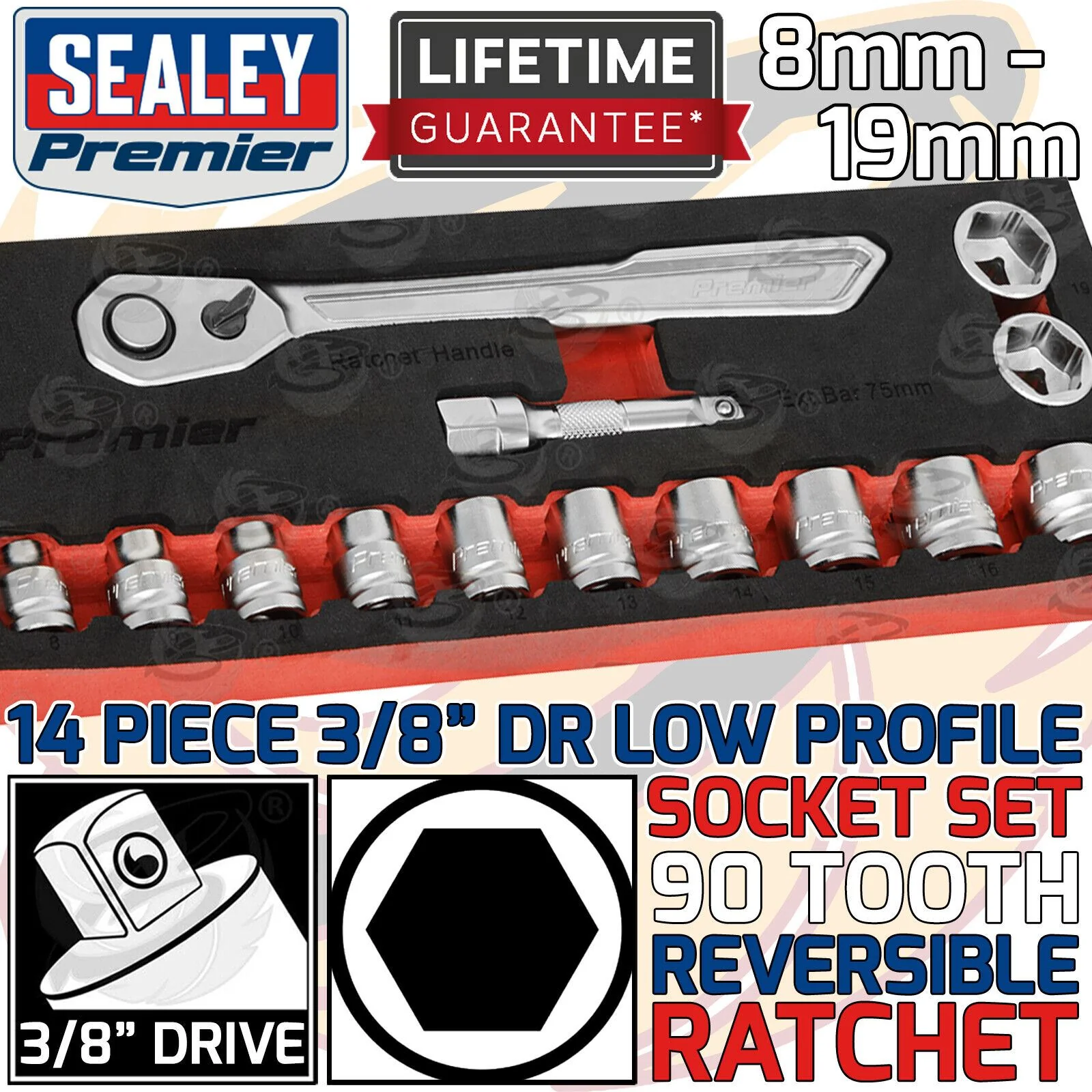 Sealey 14 Piece 3/8″ Drive 6 Point 90 Tooth Low Profile Socket Set 8mm – 19mm ( AK5785 )