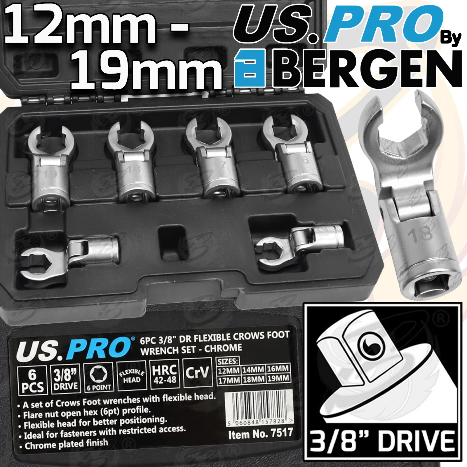 US Pro 6 Piece 3/8″ Drive Flexible Crows Foot Wrench Sockets ( 12mm – 19mm ) ( Chrome )  7517