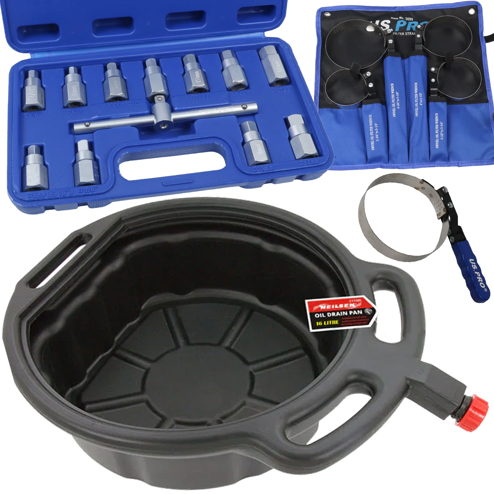 Neilsen 16L Oil Drain Pan & US Pro 21 Piece Master Drain Plug Key Set  CT1589 & 3007