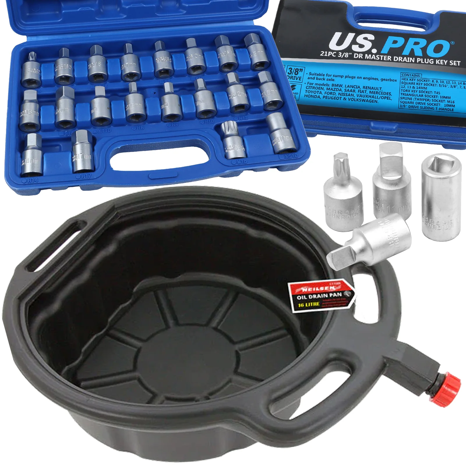 Neilsen 16L Oil Drain Pan & US Pro 21 Piece Master Drain Plug Key Set & US Pro 3 Piece Self Adjusting Oil Filter Wrench ( 63 – 120mm )  CT1589 & 3007 & 3097