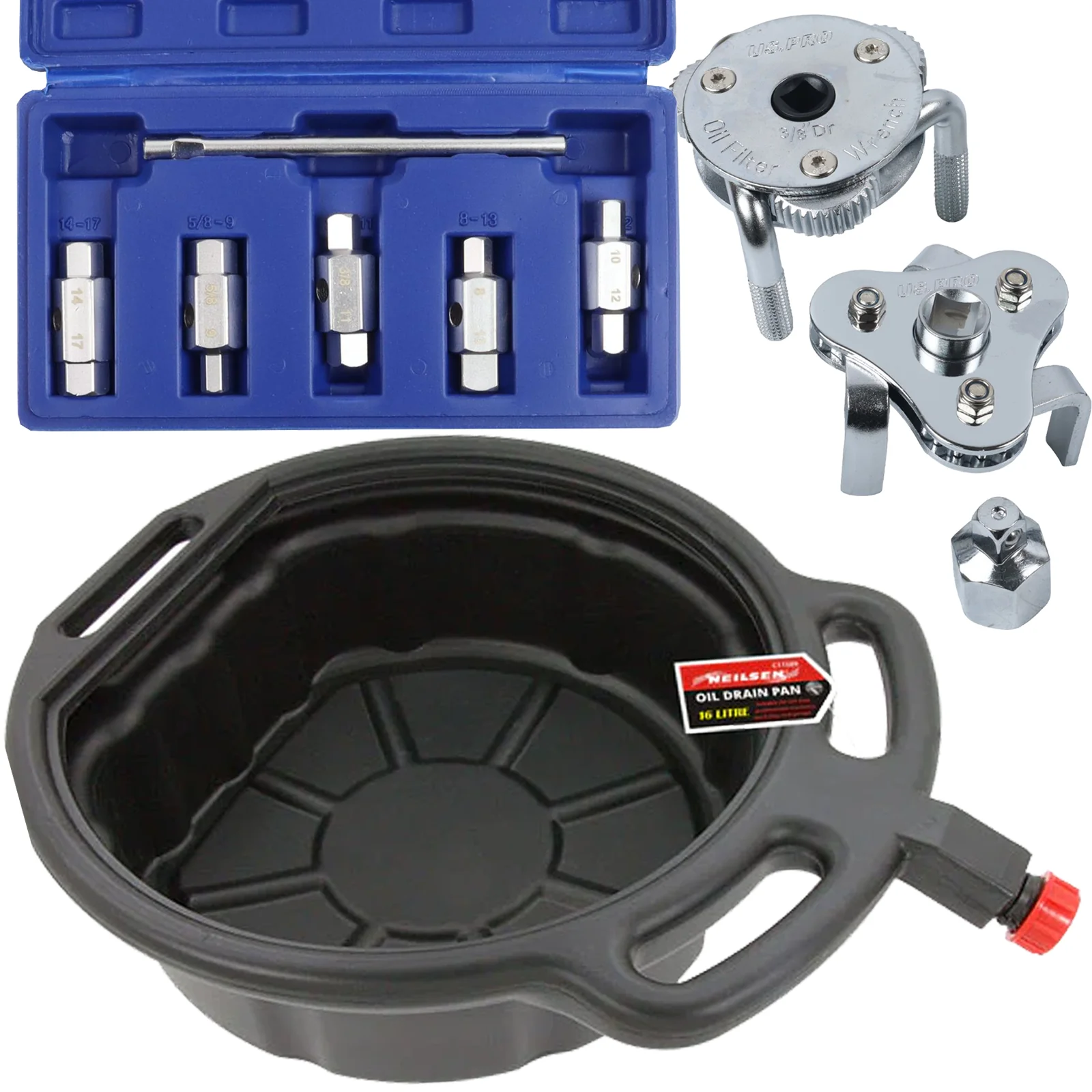 Neilsen 16L Oil Drain Pan & US Pro 6 Piece Double Ended Drain Plug Key Set & US Pro 4 Piece Swivel Oil Filter Straps  CT1589 & 3231 & 3099