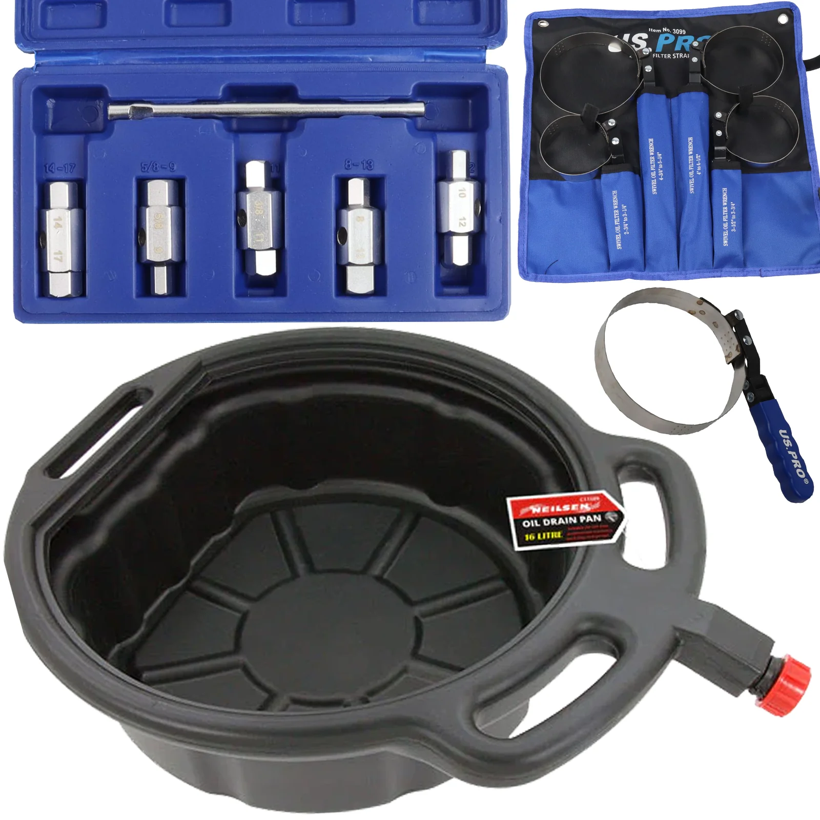 Neilsen 16L Oil Drain Pan & US Pro 12 Piece 3/8″ Drive Drain Plug Key Set  CT1589 & 3096