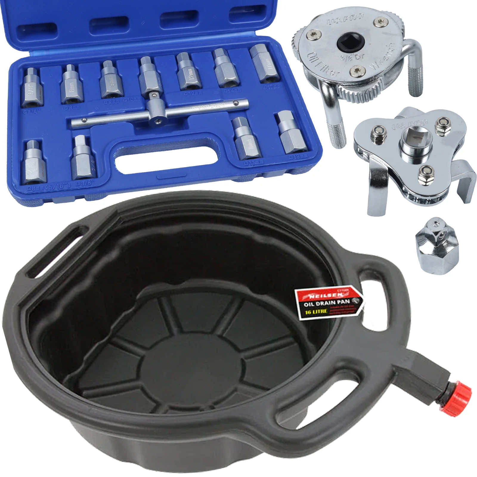 Neilsen 16L Oil Drain Pan & US Pro 12 Piece 3/8″ Drive Drain Plug Key Set & US Pro 4 Piece Swivel Oil Filter Straps  CT1589 & 3096 & 3099