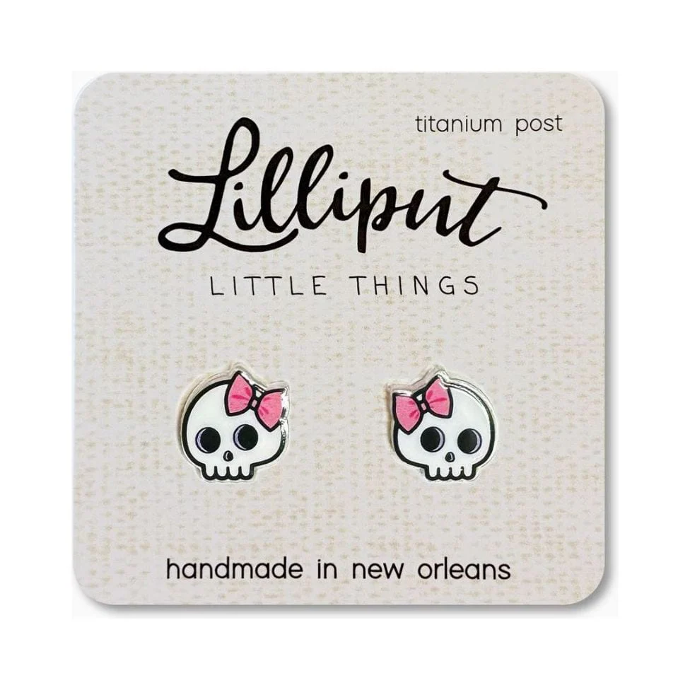 Lilliput Cute Skull with Pink Bow Earrings